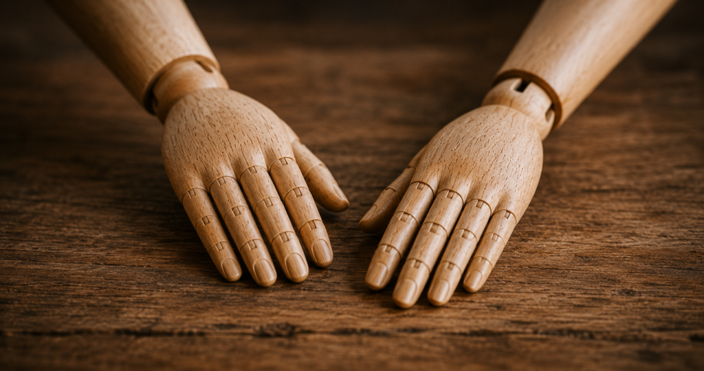 Mains sculptées en bois symbolisant le toucher, l'observation et le geste juste.